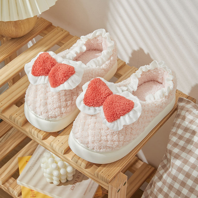 Bow Cotton Slippers – Cute Plush Indoor Shoes Haielin