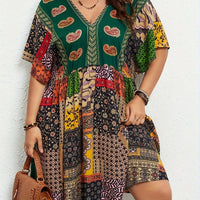 Plus Size Floral Print Dress-Casual Short Sleeve V Neck Haielin