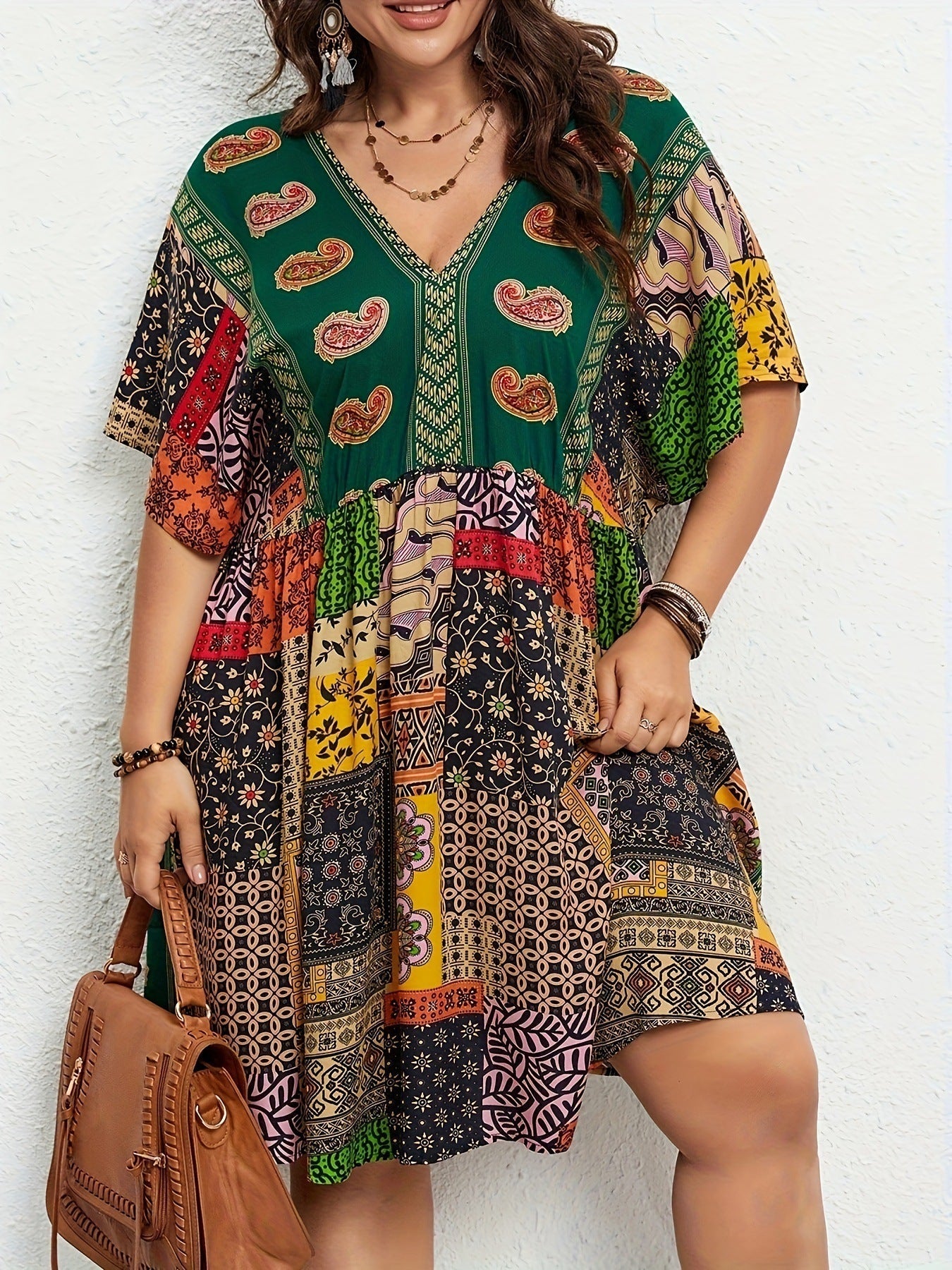 Plus Size Floral Print Dress-Casual Short Sleeve V Neck Haielin