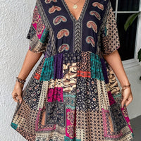 Plus Size Floral Print Dress-Casual Short Sleeve V Neck Haielin