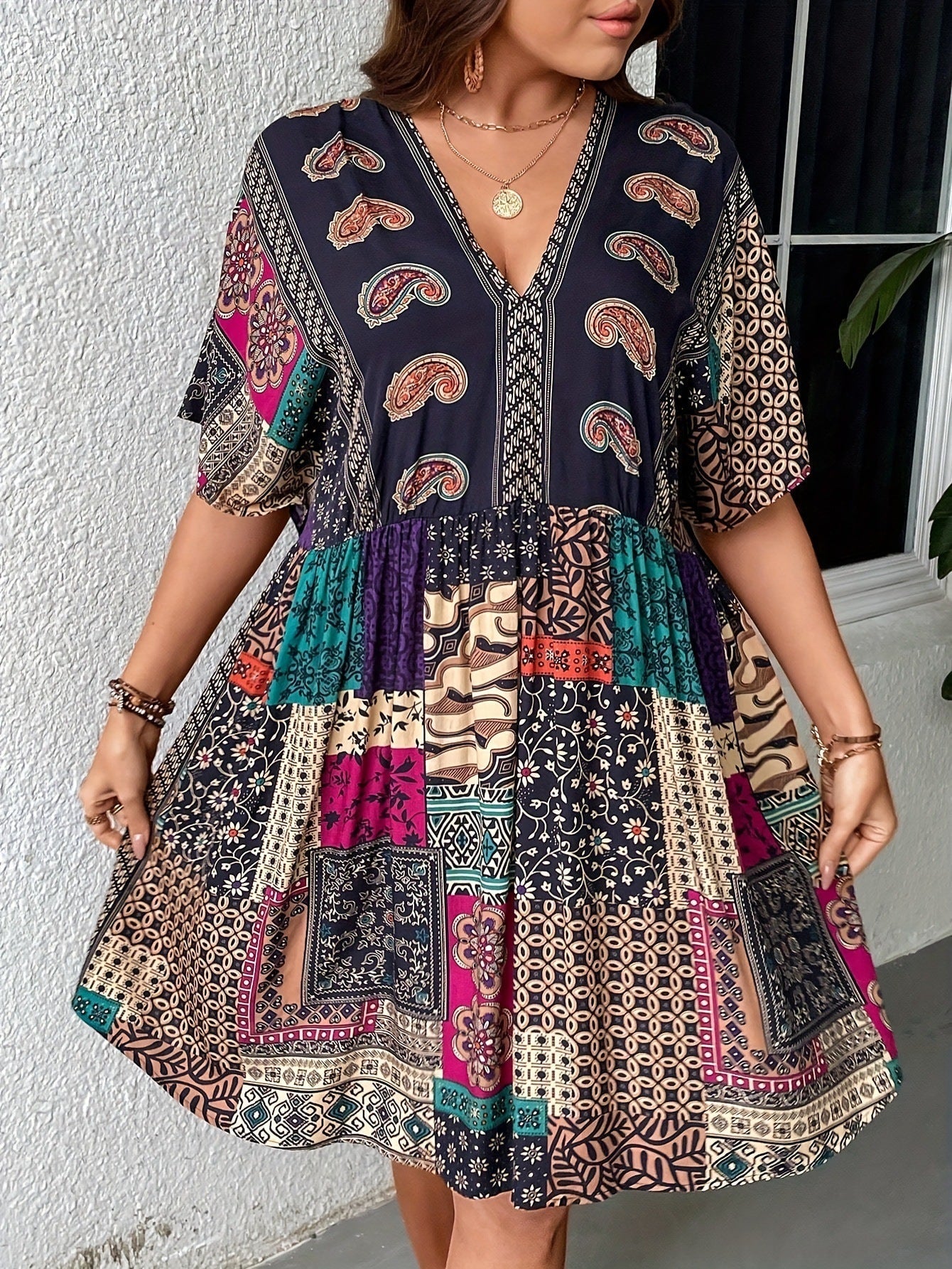 Plus Size Floral Print Dress-Casual Short Sleeve V Neck Haielin