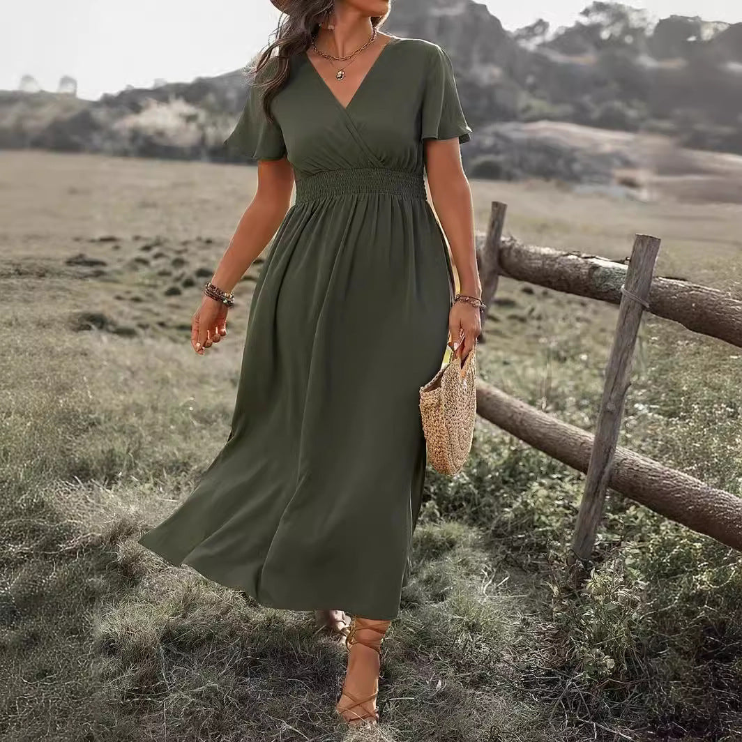 V-Neck Long Dress – Elegant Bell Sleeve Slim Fit Haielin