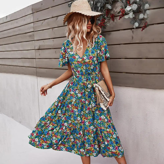 printed floral waist dress green